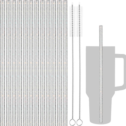 NiHome 12-Pack Glitter Replacement Straws for Stanley Tumbler 40OZ & 2 Cleaning Brushes Set, 12" Length BPA-Free Durable PETG Material for Various Beverages & Cups, Adds Sparkle to Your Drinks (Clear)