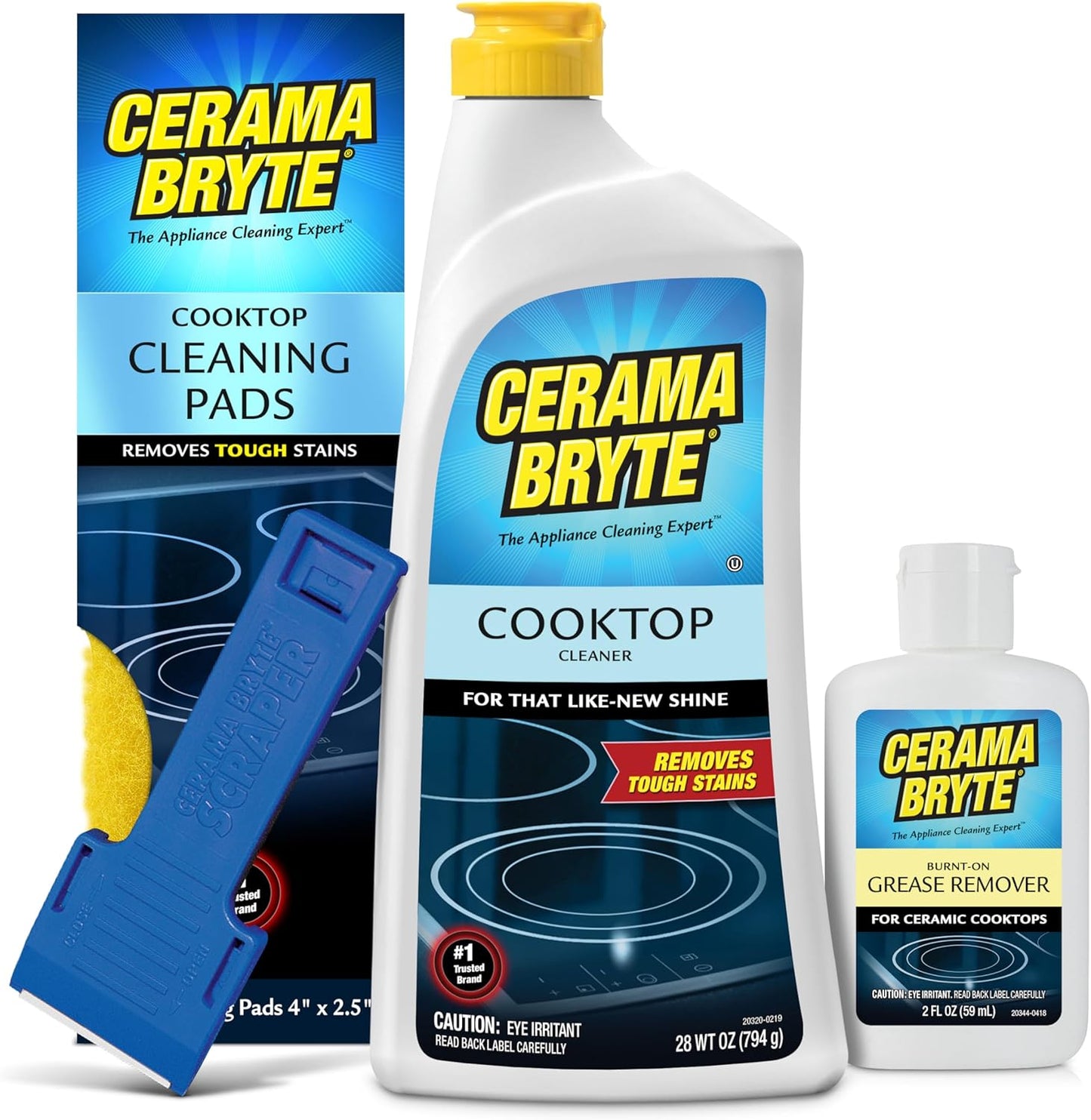 Cerama Bryte Best Value Kit: Ceramic Cooktop Cleaner 28oz, Scraper, 10 Pads, Burnt-on Grease Remover 2oz, 4 Piece Set