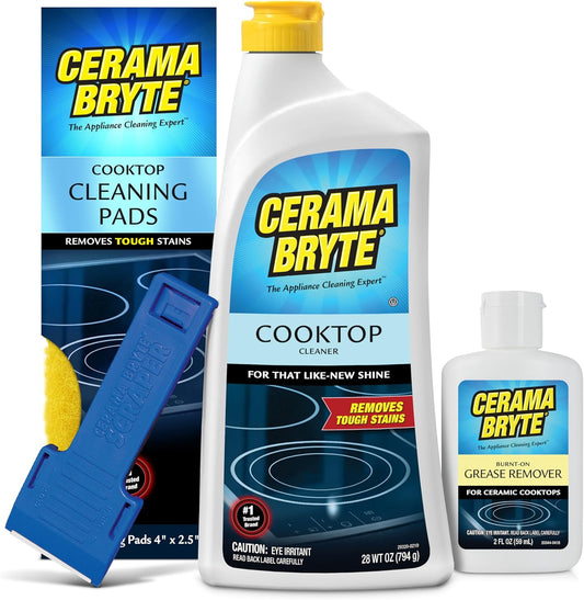 Cerama Bryte Best Value Kit: Ceramic Cooktop Cleaner 28oz, Scraper, 10 Pads, Burnt-on Grease Remover 2oz, 4 Piece Set