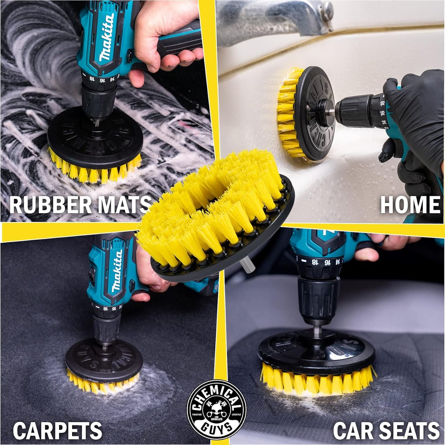 Chemical Guys ACC507 Medium Duty Spinner Multi-Surface Drill Brush Attachment (Fits Any Standard Drill - Power Scrubber Removes Stains & Cleans Floor Mats, Upholstery & Carpets), Yellow