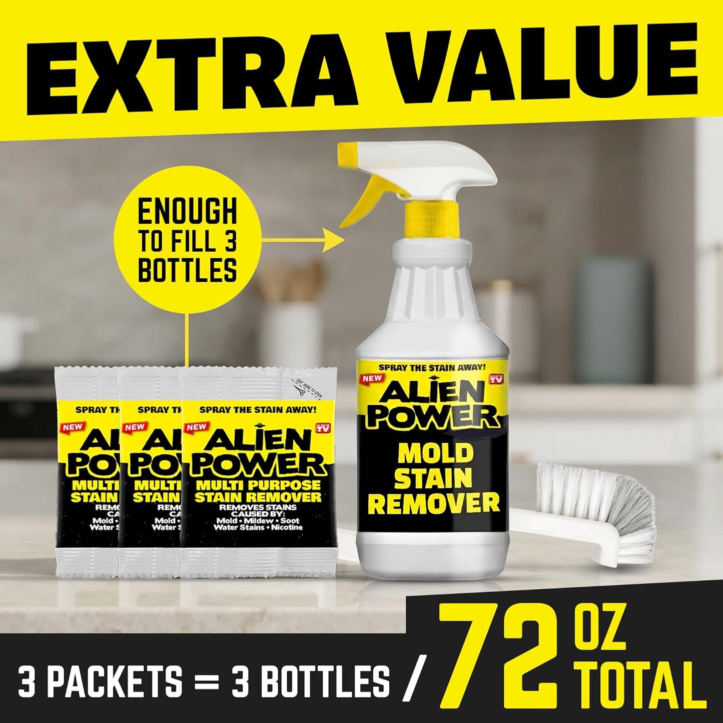 Alien Power 72 Fl Oz Instant Stain Remover Spray for Mold and Mildew and Grout, All Purpose No-Scrub Cleaner for Bathroom & Household Surfaces, Tiles, Wall, Black Mold & Washing Machines - 3 Pack Set