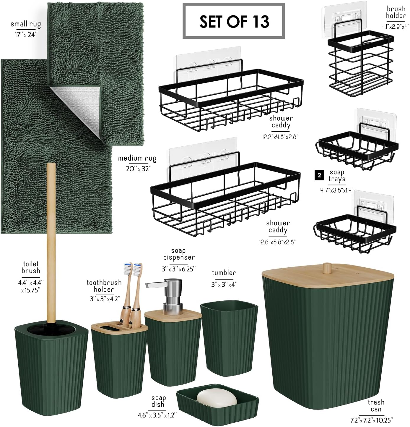 Clara Clark Bathroom Set - Sage Green Bathroom Accessories Set, 6PC Bathroom Accessory Set, Bathroom Sets with Toilet Brush, Trash Can & Soap Dispenser