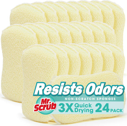 Mr. Scrub Kitchen Sponges, Dish Scrub Sponge 12 Pack Odor-Resistant, Quick-Drying, Non-Scratch for Washing Dishes, Pans, Pots & Nonstick Cookware