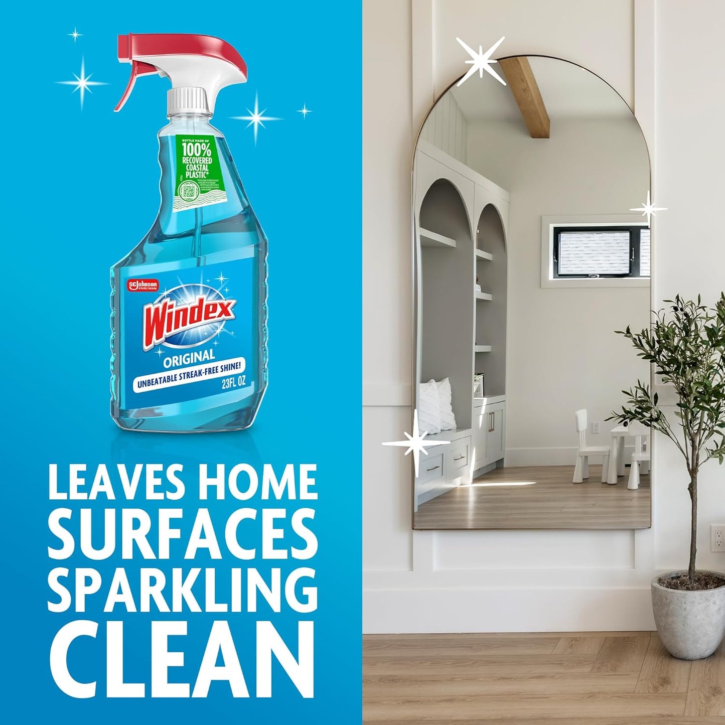 Windex Glass and Window Cleaner Spray Bottle, Packaging Designed to Prevent Leakage and Breaking, Surface Cleaning Spray, Original Blue Scent, 23 Fl Oz