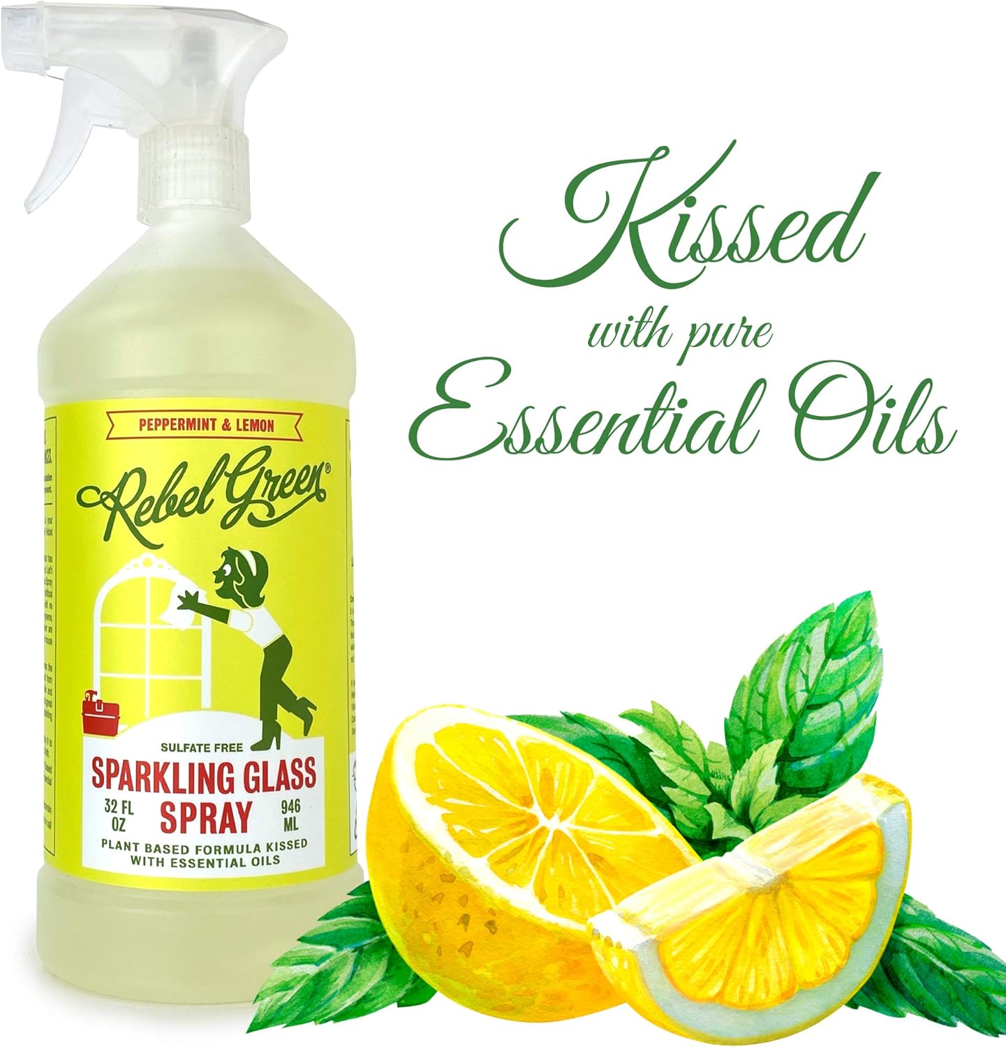 Rebel Green Sparkling Glass Spray - Streak-Free Natural Glass Cleaner for Windows, Mirrors, and Surfaces - Lavender & Grapefruit Scent - 16 oz - 2 Pack