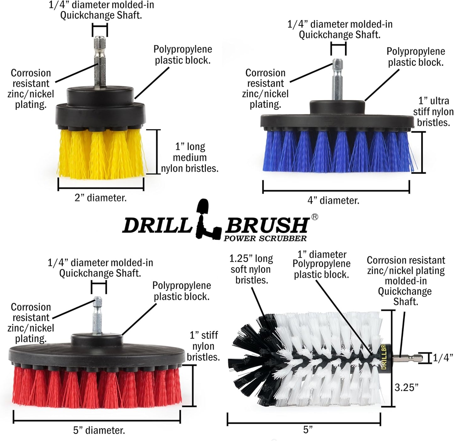 Drillbrush Multi-Surface Drill Brush Attachments Set for Car Interior, Bathroom, Flooring, Counters, Sinks, Siding, Garages, and More - Dishwasher Safe Drill Brush Car Detailing Kit Attachment Set