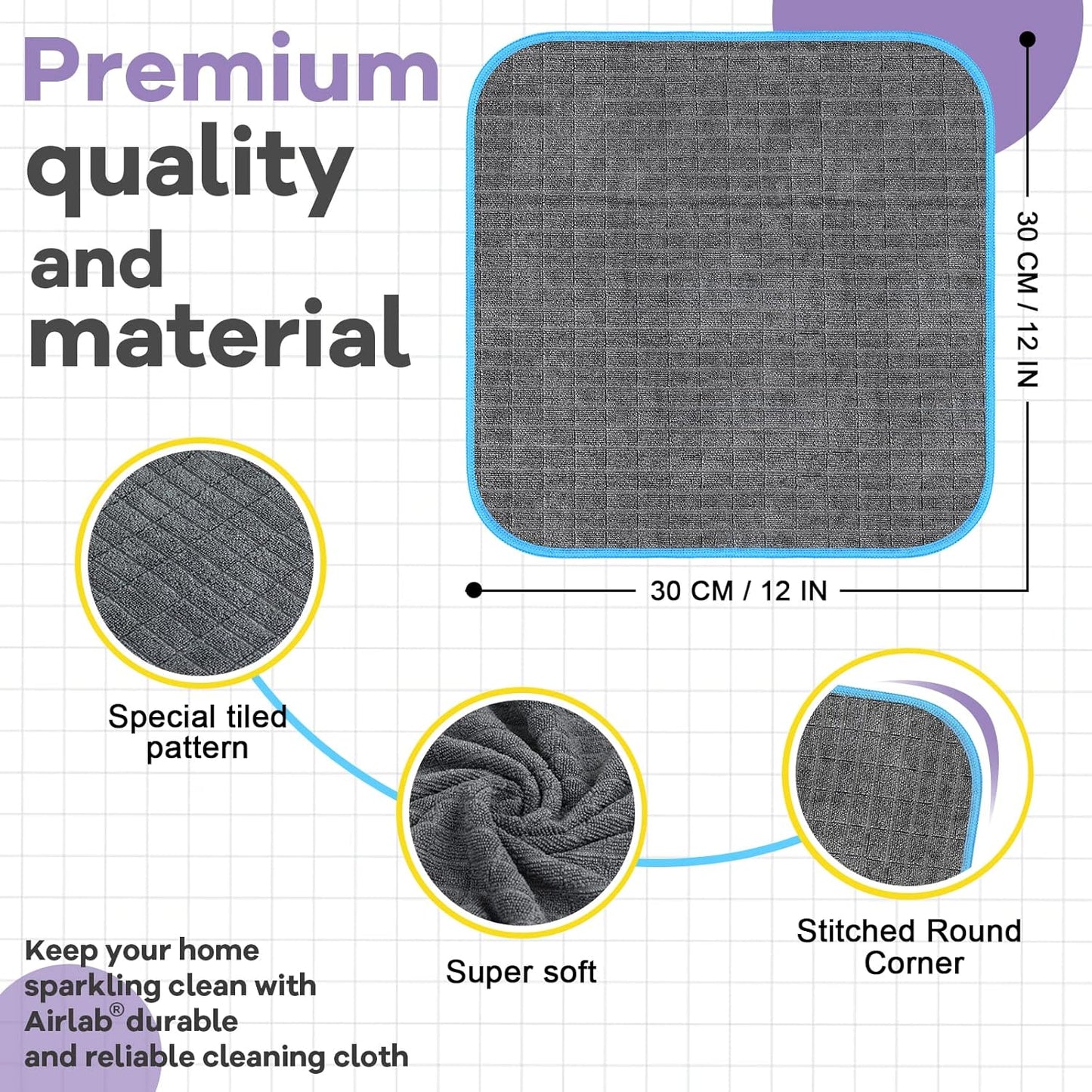 Glass Polishing Cloth Streak Free Miracle Cleaning Cloth Lint Free Microfiber Cleaning Rags for Glasses Kitchen Dish Mirrors Easy Clean, Pack of 6, 12" x 12"