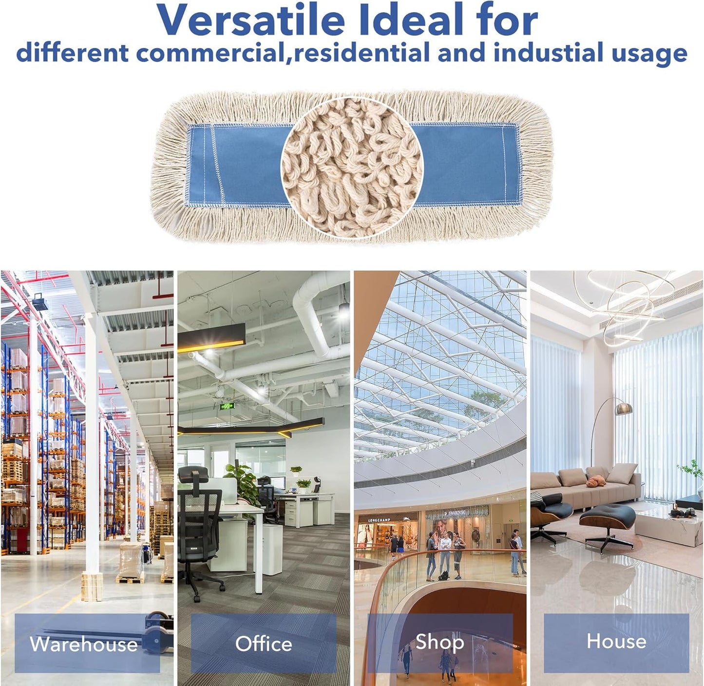 Matthew Cleaning 24'' Industrial Strength Cotton Dust Mop Refill Washable Replacement Heads for Residential & Commercial Use Fit Standard Dust Mop Frames, Hardwood, Laminate, Concrete Floors 3 Pack