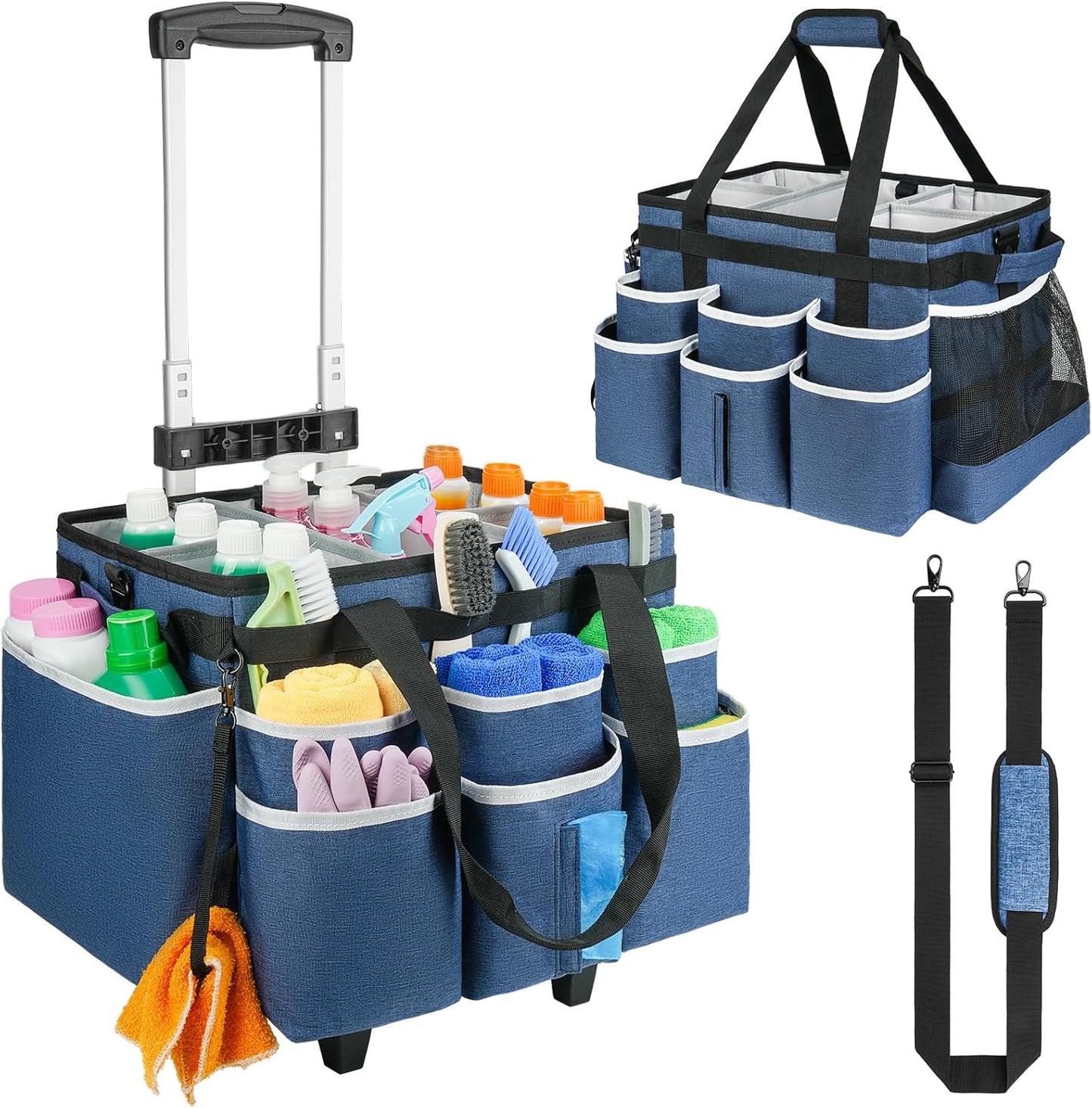 Large Rolling Cleaning Caddy Bag with Detachable Trolley,Cleaning Cart on Wheels with Shoulder Strap,Cleaning Supplies Organizer for Housekeepers,Black