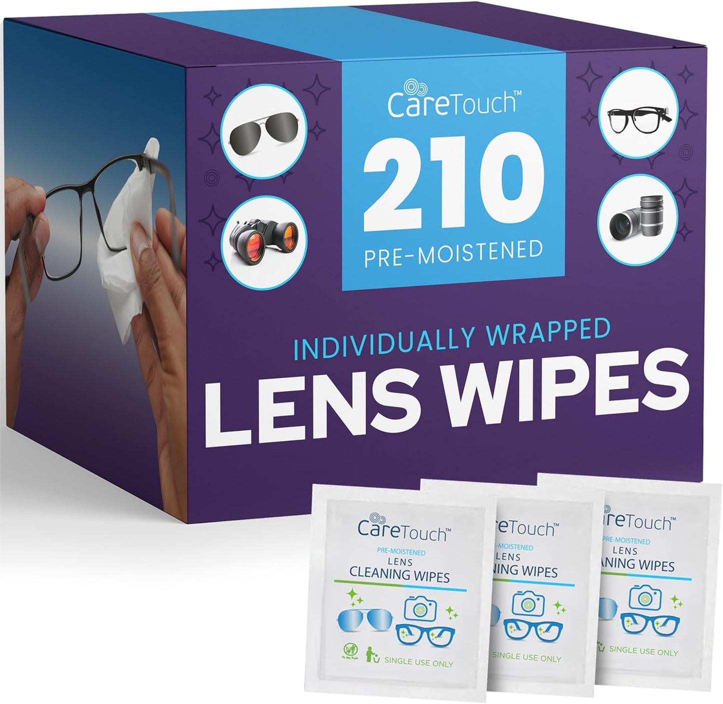 Care Touch Lens Wipes for Eyeglasses- 100 Count Individually Wrapped Pre- Moistened Wipes, 5 x 6 Inch- Camera Lens, Sunglasses and Glasses Cleaner,- Gentle and Portable for Cleaning of Optical Devices