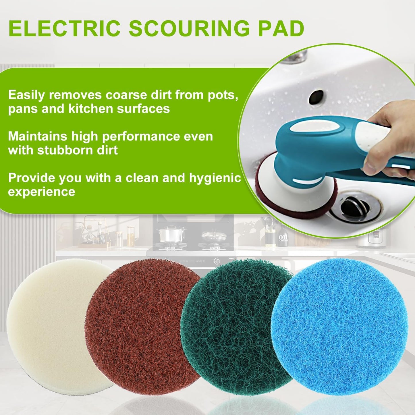 16pcs Kitchen Pads Power Scrubber Pads Set Electric Scrubber Replacement Scouring Pads fit for Dremel Versa Scouring Pads,Green