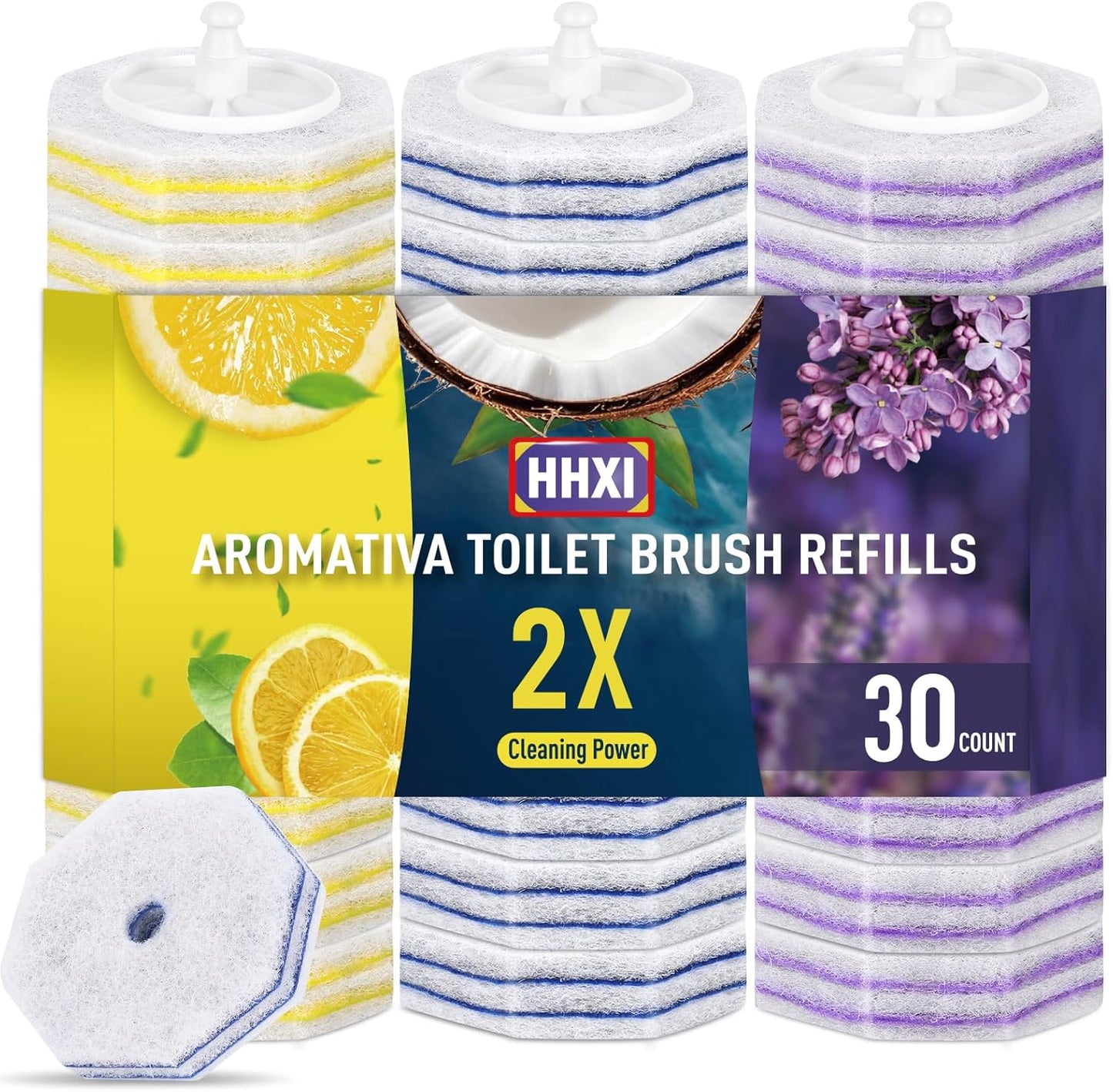 30Ct Aromative Toilet Brush Refills, Toilet Bowl Cleaner Refills, Double-Layer Cleaning Pads Added, Disposable Refill Heads for Toilet Bowl Cleaner Wands，Lemon, Blue Ocean, Lavender （Patented）