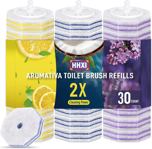 30Ct Aromative Toilet Brush Refills, Toilet Bowl Cleaner Refills, Double-Layer Cleaning Pads Added, Disposable Refill Heads for Toilet Bowl Cleaner Wands，Lemon, Blue Ocean, Lavender （Patented）