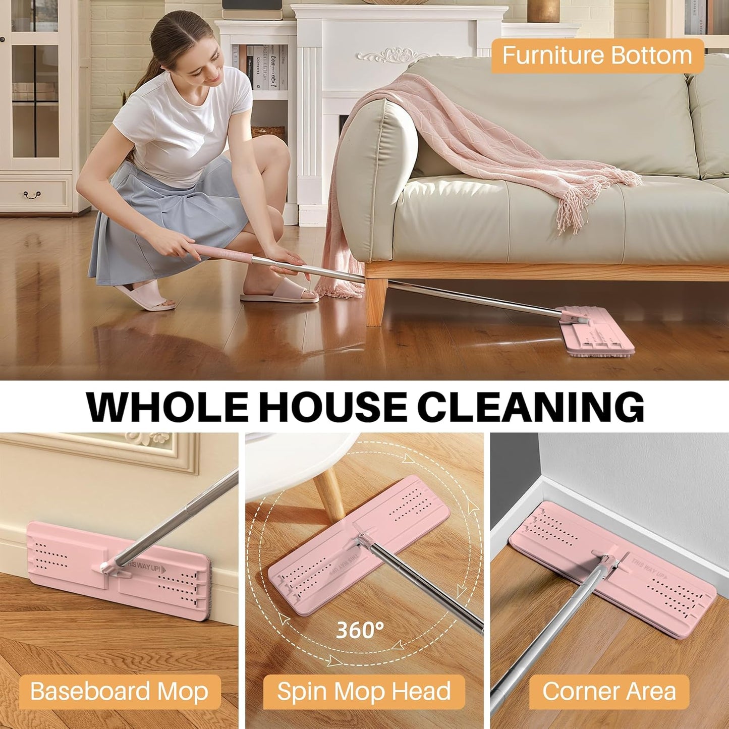 JOYMOOP Flat Mops, Microfiber Mop for Floor Cleaning and Wall Cleaner, 50" Mop Handle with Flexible 13" Flat Head with a Microfiber Mop Pad - White