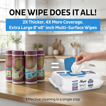 Sleepy Easy Clean XL Multi Surface Cleaning Wipes (100 Count) – Natural Vinegar & Baking Soda Formula – Jumbo 8"x8" All Purpose Wet Wipes for Kitchen, Bathroom, Glass & Electronics – No Streak