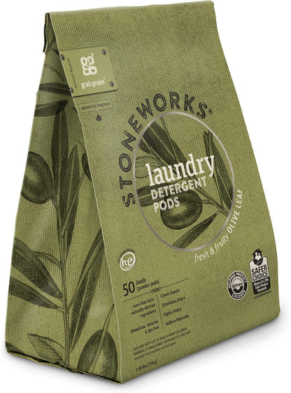Grab Green Stoneworks Laundry Detergent Pods, 100 Count, Birch Branch Scent, Plant and Mineral Based, Cleans Deeply, Eliminates Odors, Fights Stains