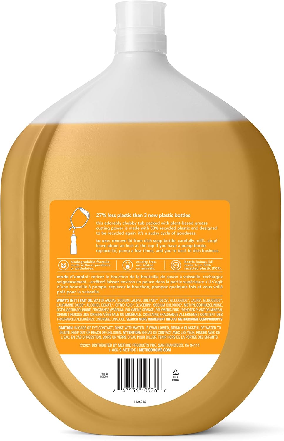 Method Gel Dish Soap Refill, Clementine Scent, Powerful Cleaning Formula, Large Refill Tub, Cuts Through Grease, 54 Fl Oz