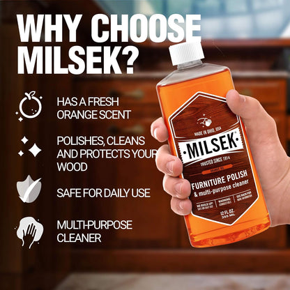 Milsek Furniture Polish and Wood Cleaner with Orange Oil - Multipurpose Cleaning Supplies for Home and Household from Hardwood Floors to Kitchen Cabinets- 12 Fl Oz (Pack of 1)