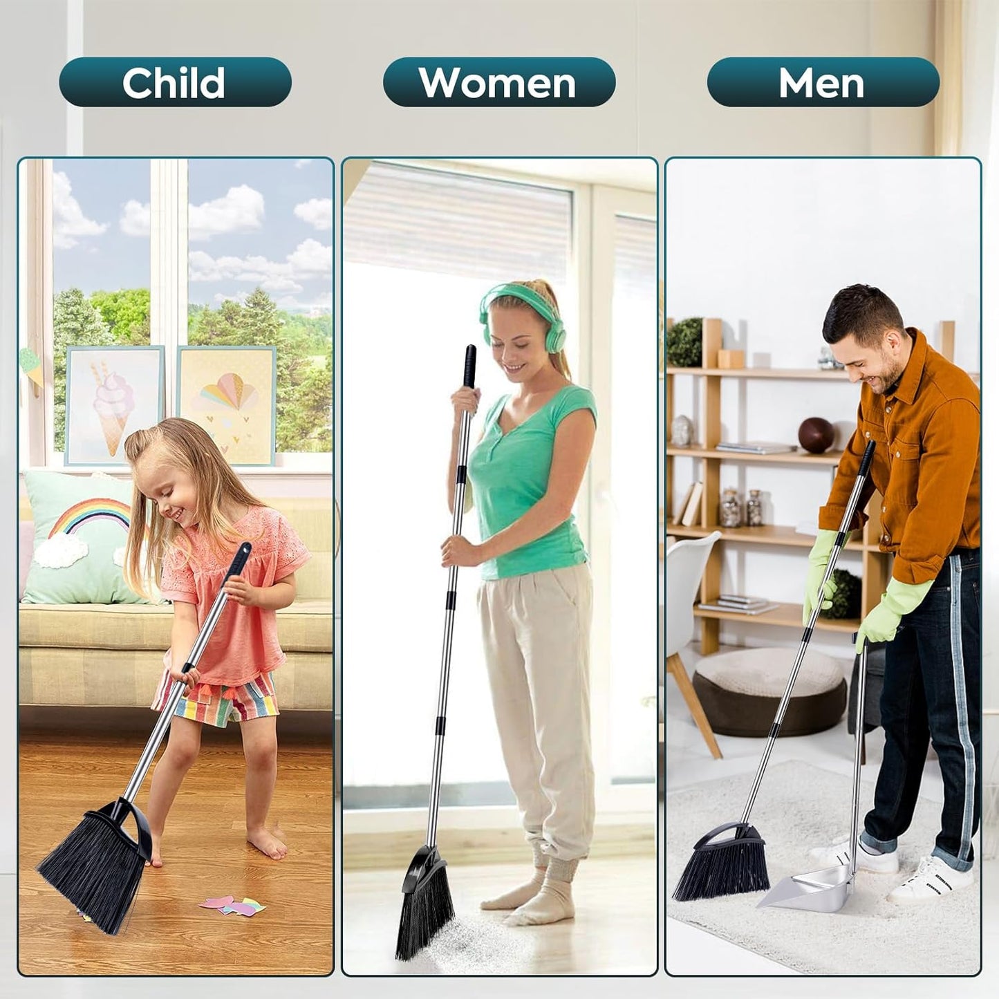 Yangbaga Long Handled Dust Pan and Broom Set for Home,Heavy Duty Metal Dustpans and Brooms,Upright Stand Up Design,54"Outdoor Broom and 38" Dustpan Combo for,Lobby Floor, Yard,Home Kitchen Office Use