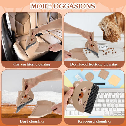 Ouligay Portable Hand Broom and Dustpan Set,Cute Mini Broom and Dustpan Set with Durable Brush,Lightweight Small Dust Pan and Broom Set for Desktop Cleaning Small Space Cleaning(Brown Bear)