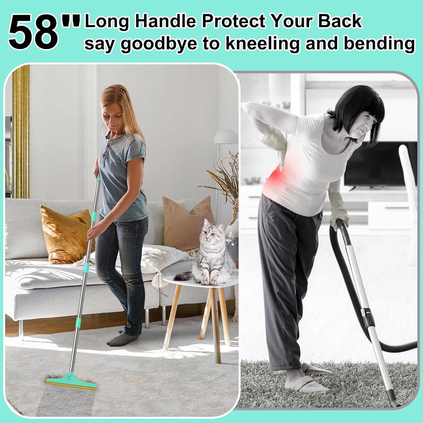 Carpet Rake for Pet Hair Removal - 60" Adjustable Long Handle Carpet Rake, 3 in 1 Reusable Pet Hair Removal Tool Kit, Cat Dog Fur Rakes Scraper Carpet Broom for Carpets, Rugs, Mats