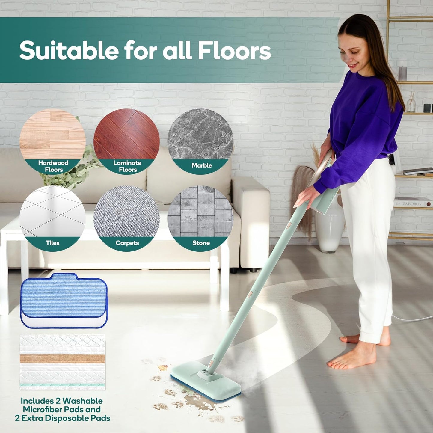 Newbealer Steam Mop & Detachable Handheld Cleaner, 250ml 1200W Powerful Floor Steamer, 3 Adjustable Levels for Carpet Laminate Hardwood Grout, Carpet Glider, 7 Multi-purpose Accessories & 2 Pads