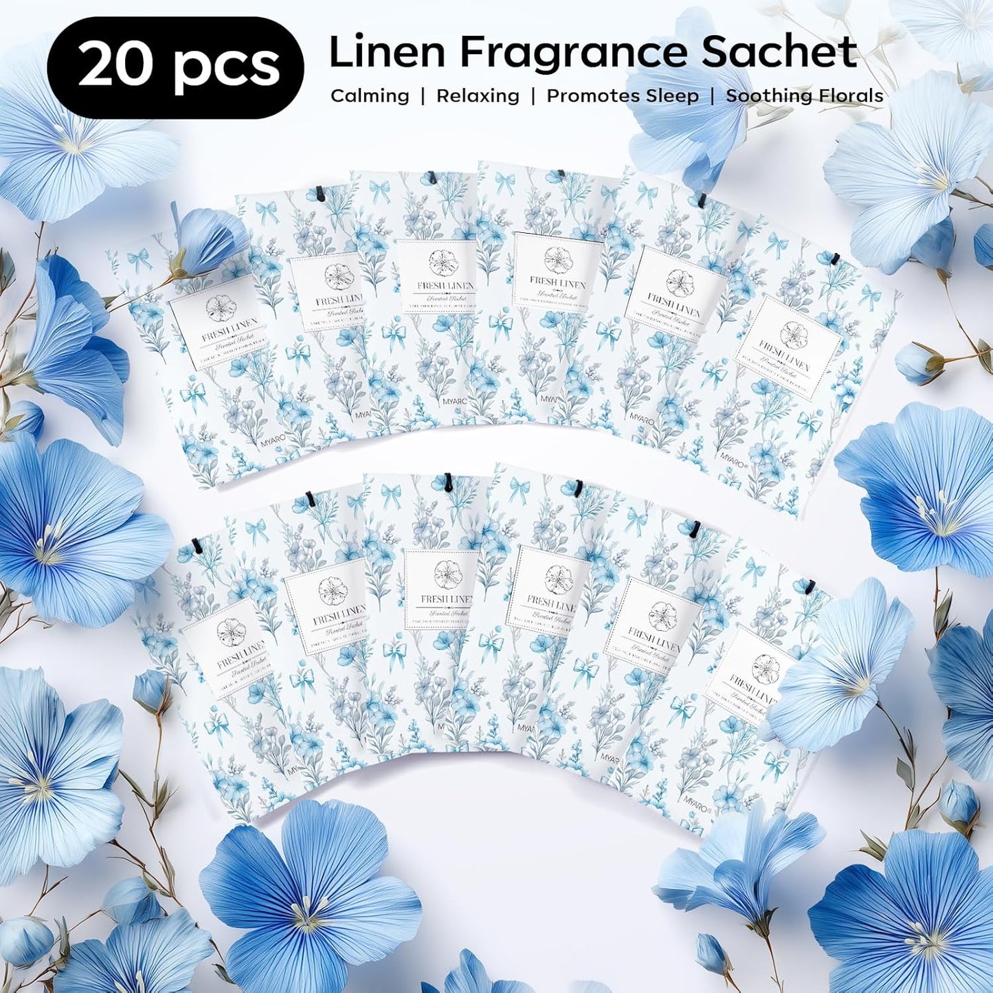 MYARO 12 Pack Fresh Linen Scented Sachets for Drawer, Closet & Car Air Freshener Bags | Odor Eliminator & Fabric Refresher | Crisp, Clean Home Fragrance Gift Set
