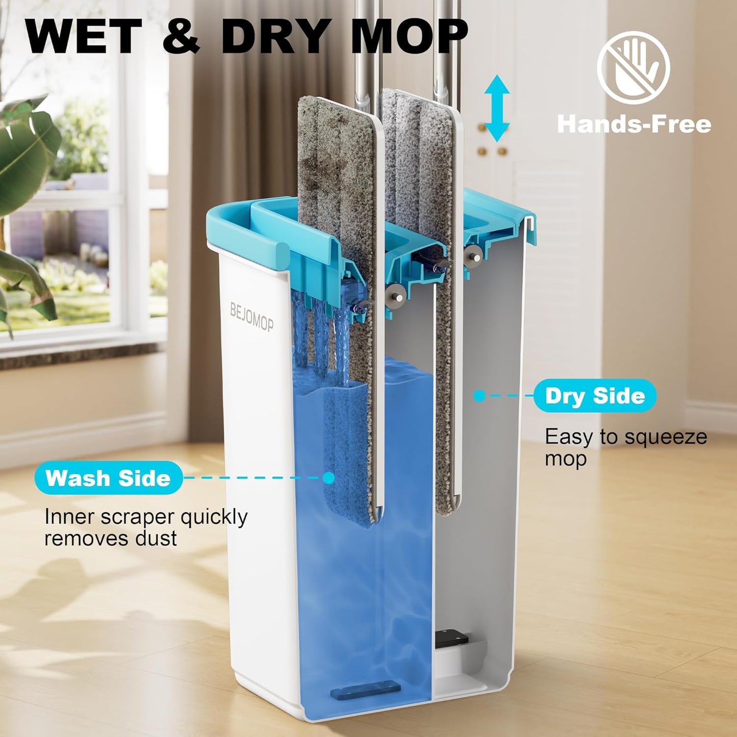 Mop and Bucket Set, Mops for Floor Cleaning with Long Handle, Squeeze Flat Mop and Bucket System, Dry & Wet Dust Mop for Household Floor Cleaning with 5 Microfiber Mops, Slate Blue