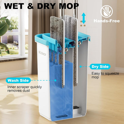 Mop and Bucket Set, Mops for Floor Cleaning with Long Handle, Squeeze Flat Mop and Bucket System, Dry & Wet Dust Mop for Household Floor Cleaning with 5 Microfiber Mops, Slate Blue