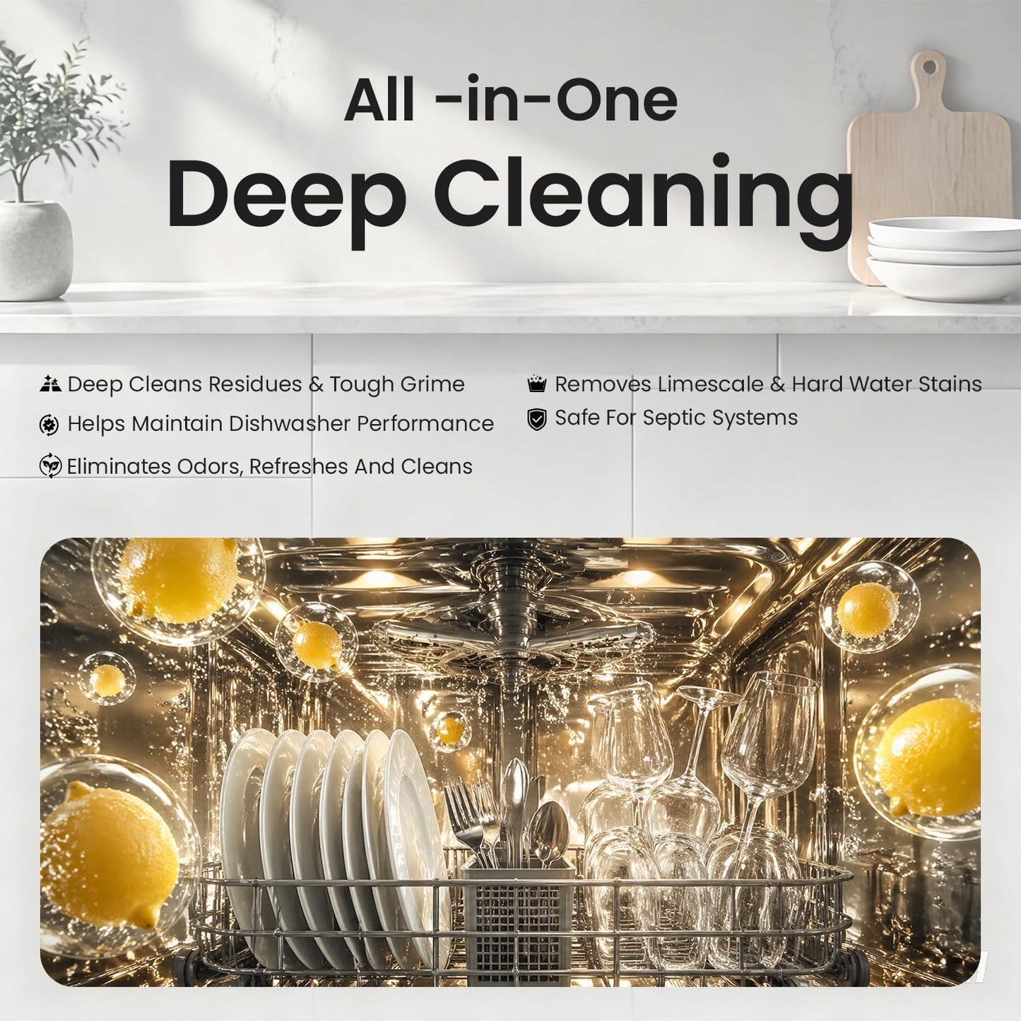 Dishwasher Cleaning Tablets -30 Pack Cleaner and Deodorizer -15 Month Suply for Hard Water Dish Washer Machine, Non Toxic Tabs for Dish, Septic Safe & Odor Remover, Lemon Scent