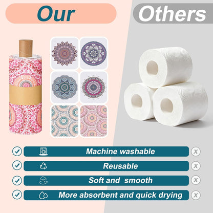 Redbaker 30 Pcs Reusable Paper Towels Rolls Kitchen Towels Bulk Washable Paperless Cloth Cotton Hand Napkins with Cardboard Reusable Napkins for Kitchen Bathroom(Floral,10 x 12 in)
