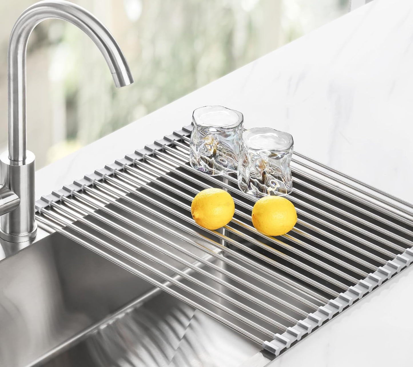 Tomorotec 17.7" x 15.5" Roll Up Dish Drying Rack Over Sink Drying Rack Sink Cover Kitchen Sink Accessories Gadget Multipurpose Organizer Foldable Stainless Steel Drainer (Grey)
