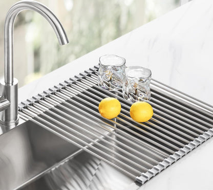 Tomorotec 17.7" x 15.5" Roll Up Dish Drying Rack Over Sink Drying Rack Sink Cover Kitchen Sink Accessories Gadget Multipurpose Organizer Foldable Stainless Steel Drainer (Grey)
