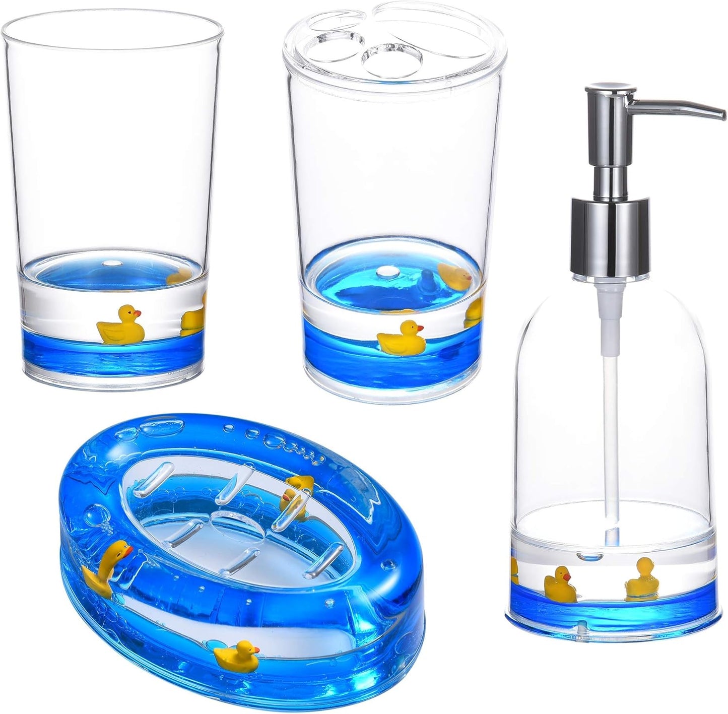 Locco Decor 5 Piece Acrylic Liquid 4D Floating Motion Bathroom Vanity Accessory Set Garden Botanic Green Plants Toothbrush Holder, Tumbler, Soap Dispenser, Soap Dish, Toiletbrush Holder Set