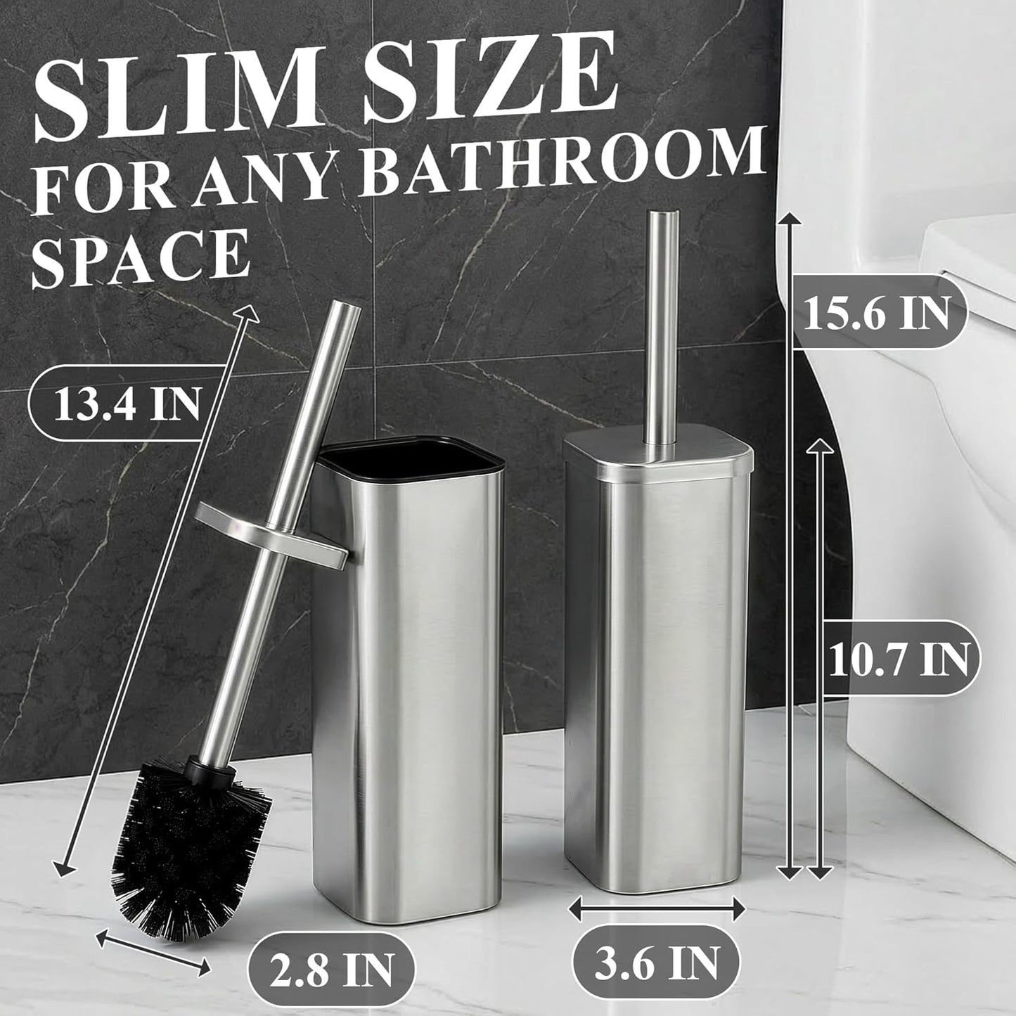 Stylish Stainless Steel Toilet Brush and Holder Set - Silver Toilet Bowl Brush and Holder with Splash Cover, Sturdy Bristles, Corrosion & Scratch Resistant - Elegant Design, Effective Deep Cleaning