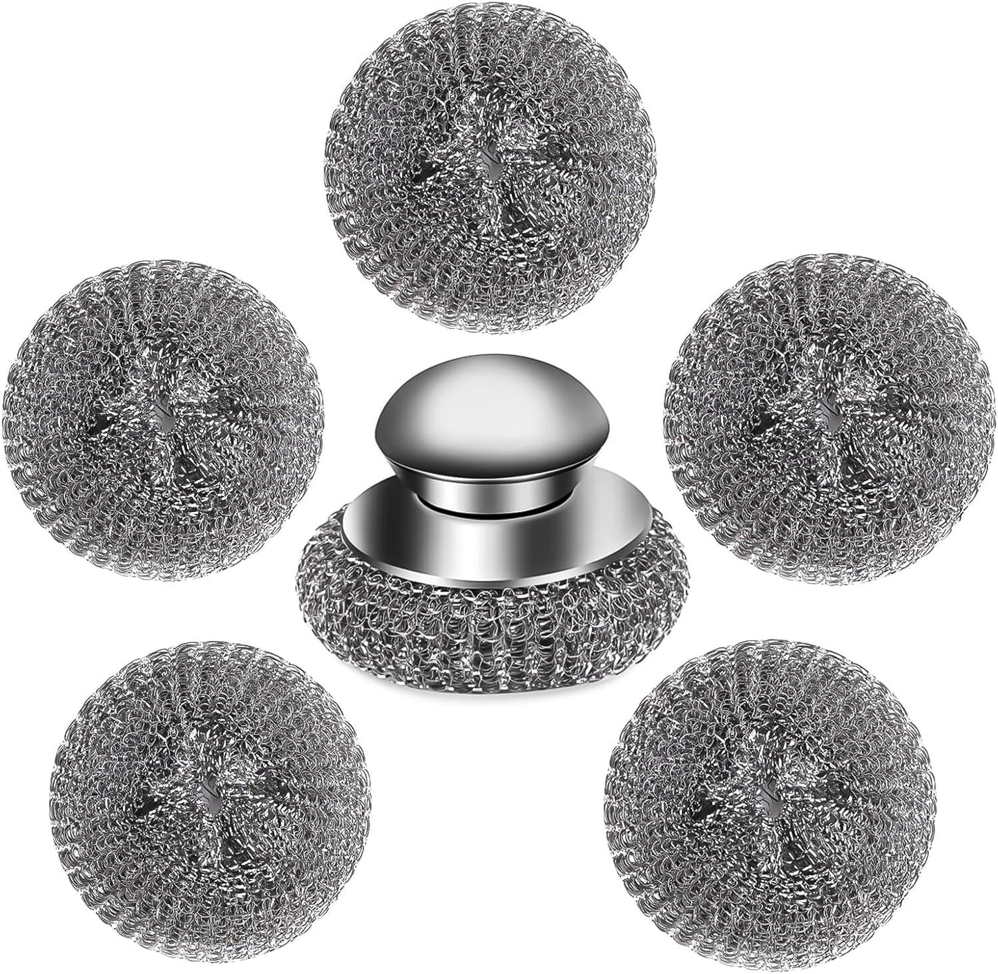 6Pcs Steel Wool Scrubber with Replacement Wire Pads Set, Stainless Steel Scrubber with Handle for Scouring Stubborn Messes from Cast Iron, Pots, Pans, Grill, Stoves, Sink(1 Scrubber+5 Pads)