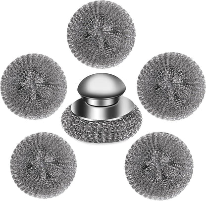 6Pcs Steel Wool Scrubber with Replacement Wire Pads Set, Stainless Steel Scrubber with Handle for Scouring Stubborn Messes from Cast Iron, Pots, Pans, Grill, Stoves, Sink(1 Scrubber+5 Pads)