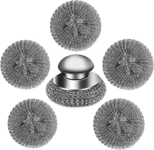 6Pcs Steel Wool Scrubber with Replacement Wire Pads Set, Stainless Steel Scrubber with Handle for Scouring Stubborn Messes from Cast Iron, Pots, Pans, Grill, Stoves, Sink(1 Scrubber+5 Pads)