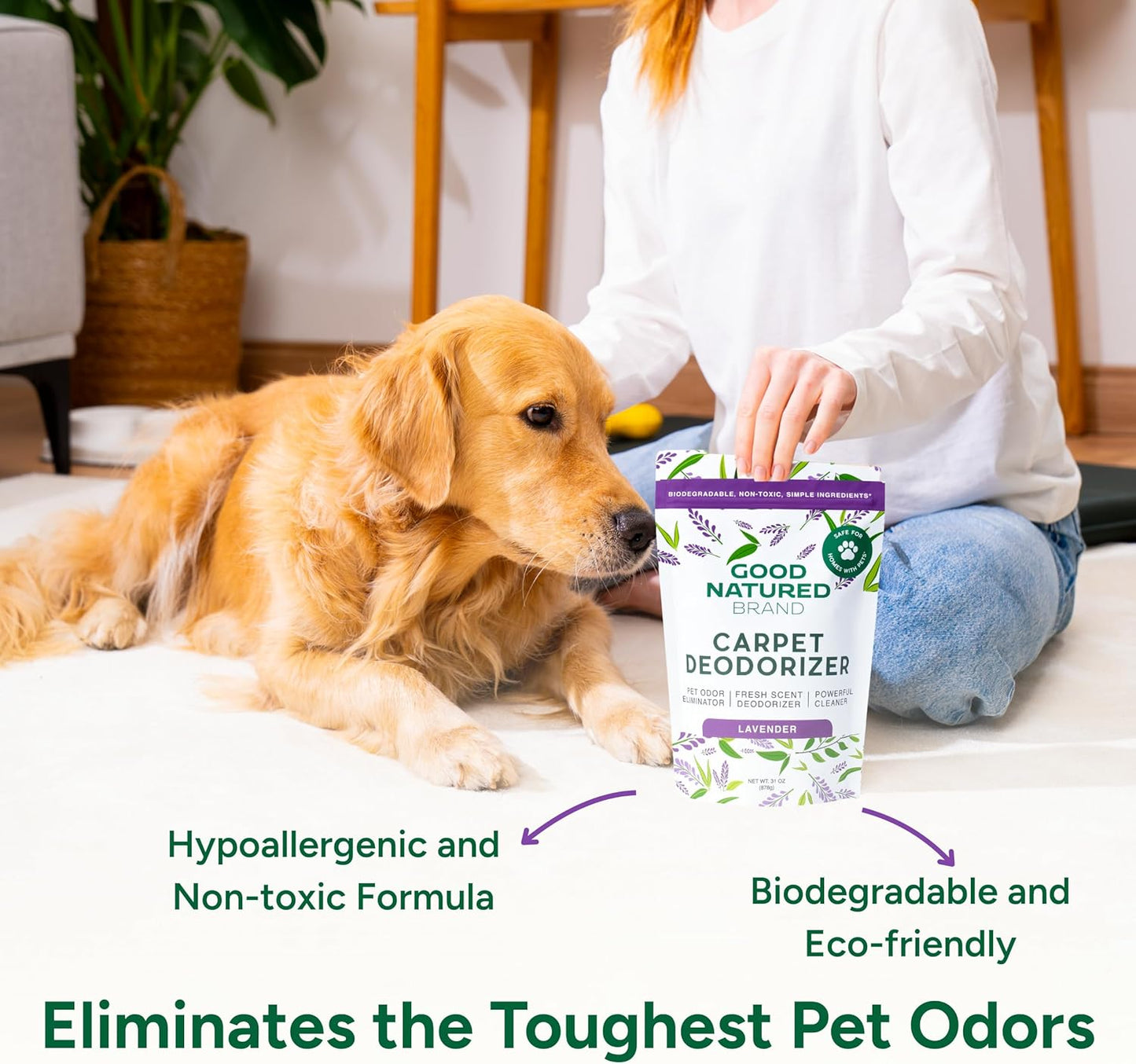 Good Natured Brand | Carpet Deodorizer & Freshener Powder | 31 oz Pet Odor Eliminator for Strong Odor & Pet Urine | Fresh Natural Lemon Scent | Safe for Homes with Pets