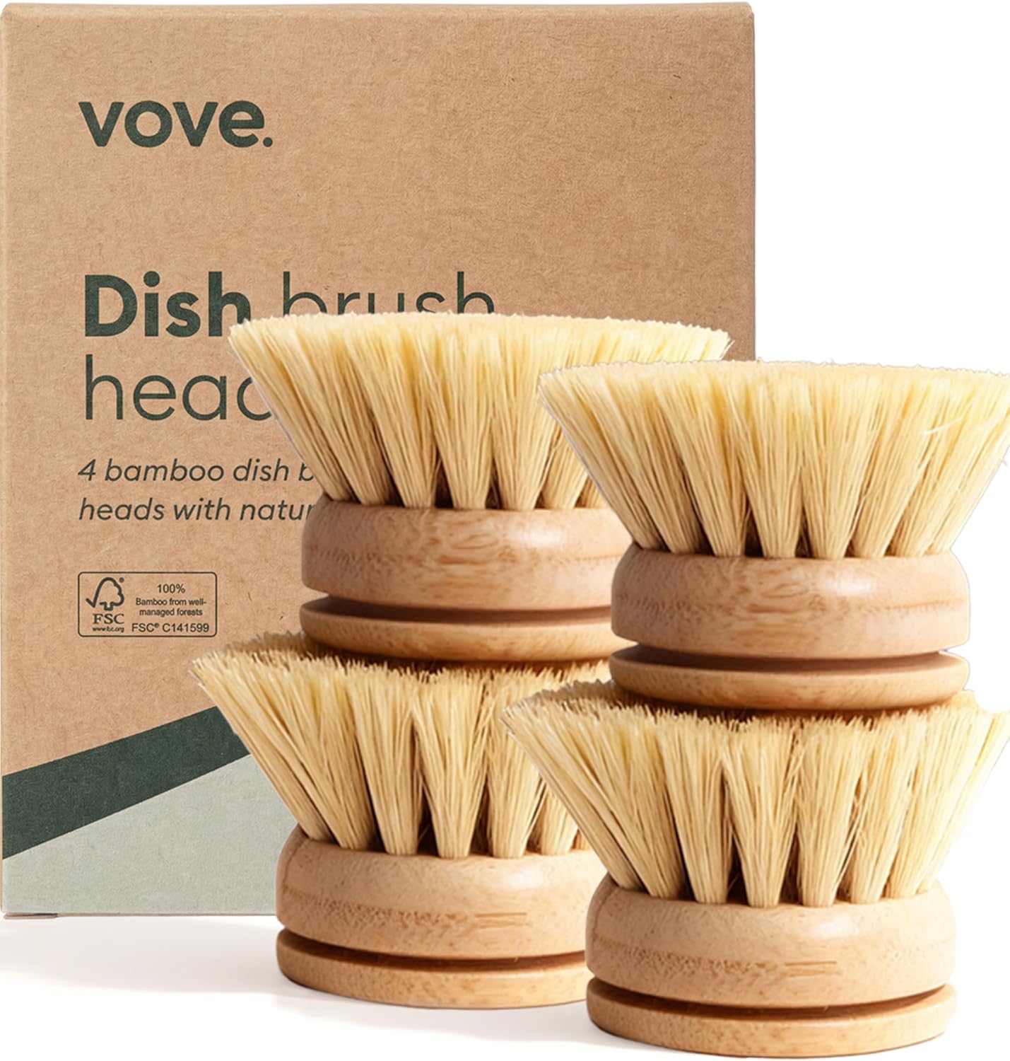 Vove Bamboo Dish Brush, FSC-Certified - Includes 3 Replacement Heads - Natural Fiber Bristles - Non-Toxic, Plastic-Free - Scrub Brush for Pots, Pans & Dishes
