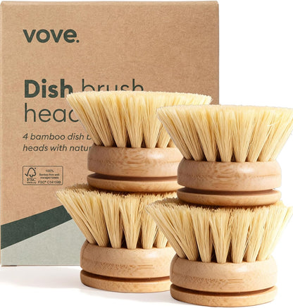 Vove Bamboo Dish Brush, FSC-Certified - Includes 3 Replacement Heads - Natural Fiber Bristles - Non-Toxic, Plastic-Free - Scrub Brush for Pots, Pans & Dishes