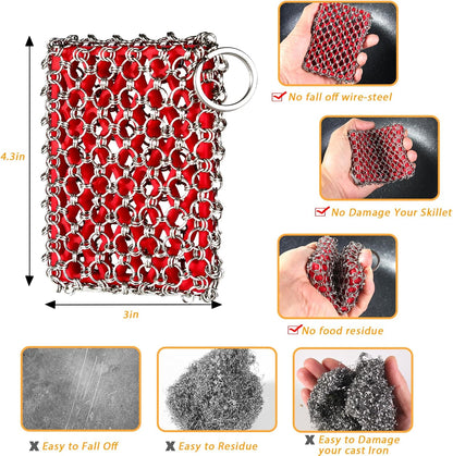 TEZZ Cast Iron Scrubber, Skillet Chainmail Scrubber for Cast Iron Pan - Chain Mail Scrubber Cast Iron Sponge - Metal Scrubber Cast Iron Skillet Cleaner, Wok, Frying Pans, Dutch Oven Cleaning Scrubber