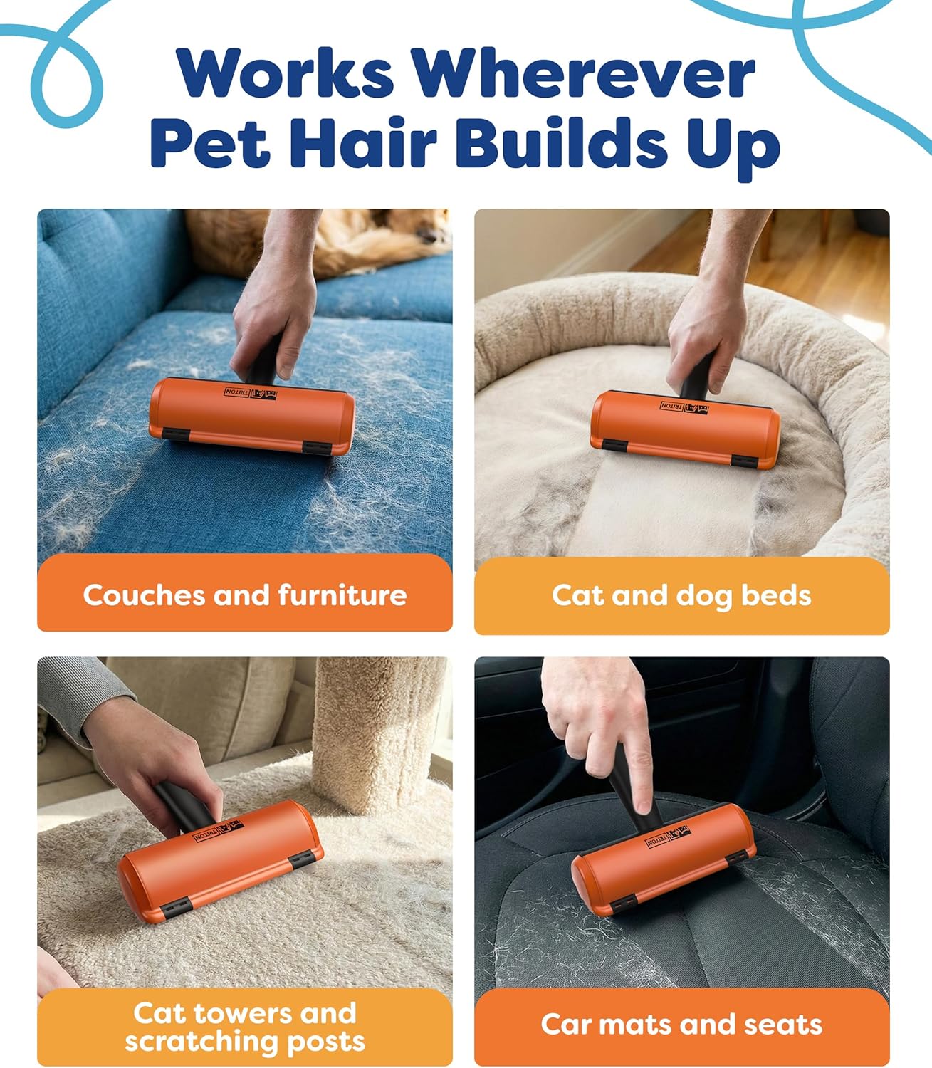Triton Pet Hair Removal Tool w/Fur Trapping Compartment and Detachable Handle, 60% Smaller Storage Size, Reusable Shedding Roller, Cat and Dog Hair Remover for Car, Furniture, Carpet (Gray/White)