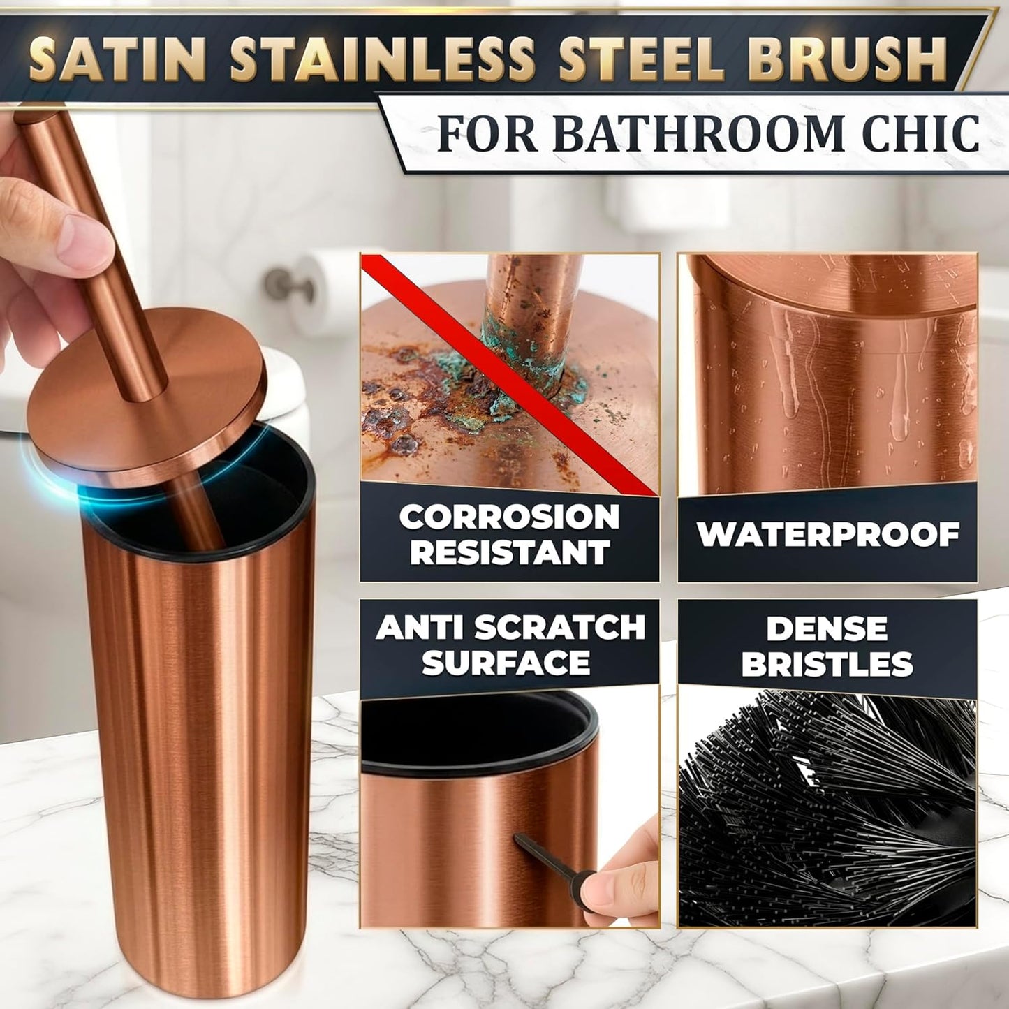Stylish Stainless Steel Toilet Brush and Holder Set - Silver Toilet Bowl Brush and Holder with Splash Cover, Sturdy Bristles, Corrosion & Scratch Resistant - Elegant Design, Effective Deep Cleaning