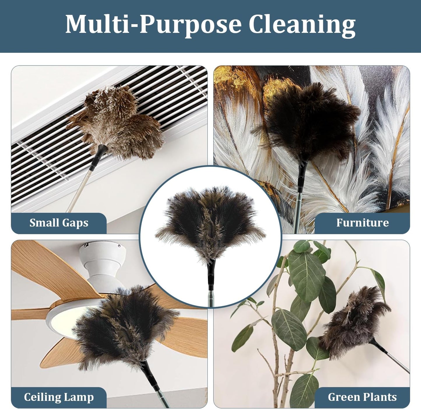 Extendable Feather Duster - 47 inches Soft Long Handle Reusable Feather Duster for Cleaning Ceiling Fan,Hanging lamp, High Ceiling, Blinds, Furniture，Ostrich Feather Duster