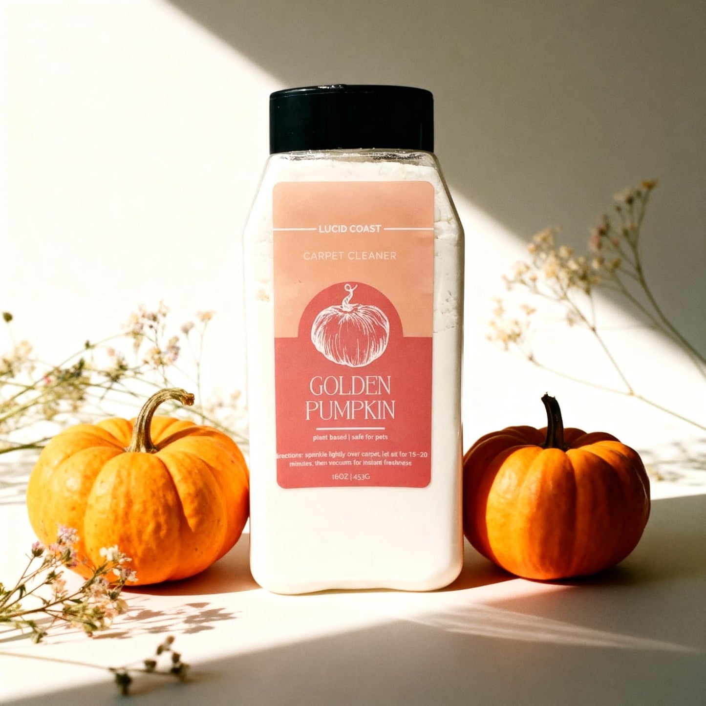 Golden Pumpkin Carpet Refresher and Deodorizer - 16oz Toasted Pumpkin Spice Odor Eliminator Powder - Pet Safe, Plant-Based & Non-Toxic - Fall Scented Home & Upholstery Freshener