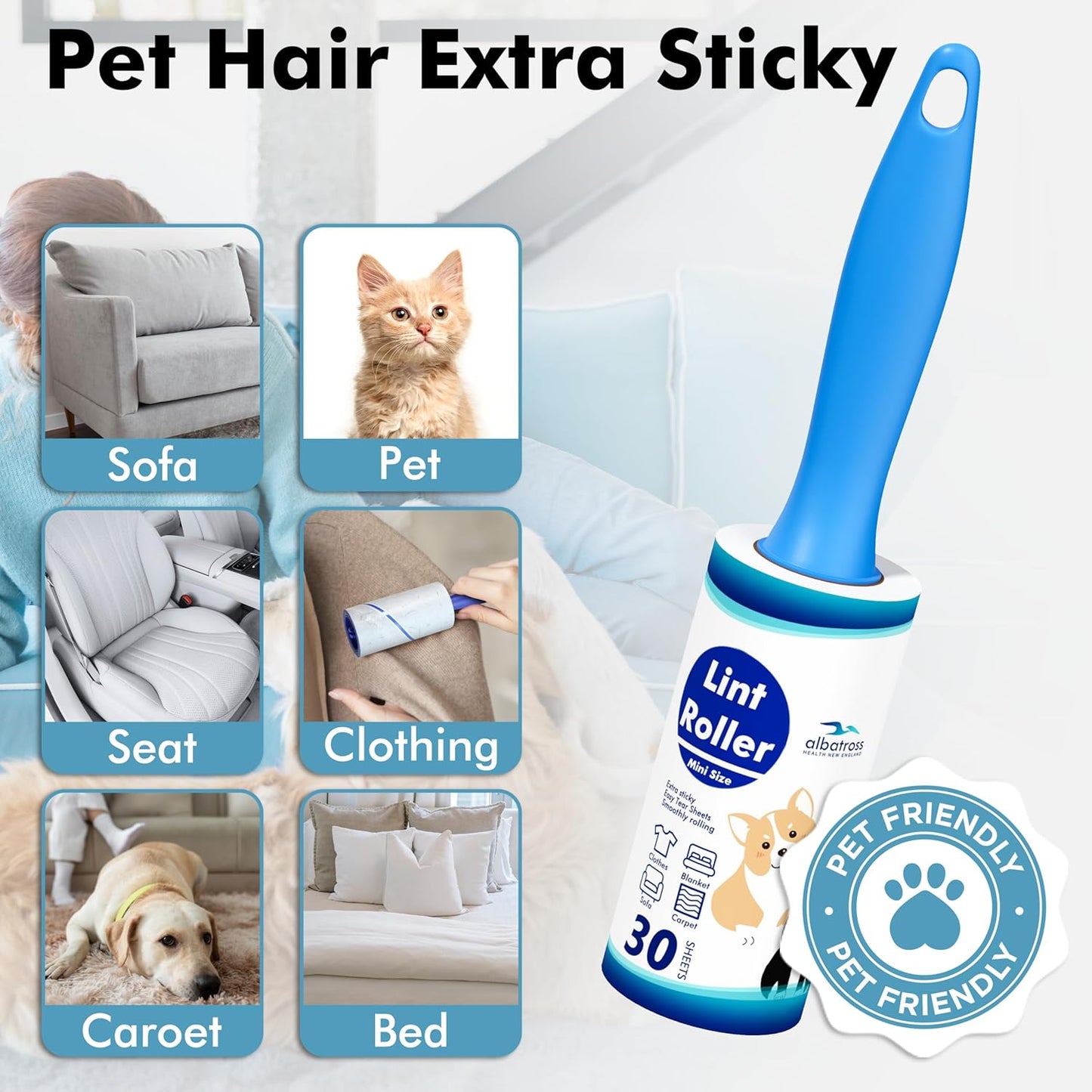 Large Lint Rollers for Carpet, 9.45'' Sticky Rollers for Floor with 360 Sheets, Extendable Long Handle Sticky Mop for Cleaning Couch, Curtains, Cars, Clothing, and Pet Hair