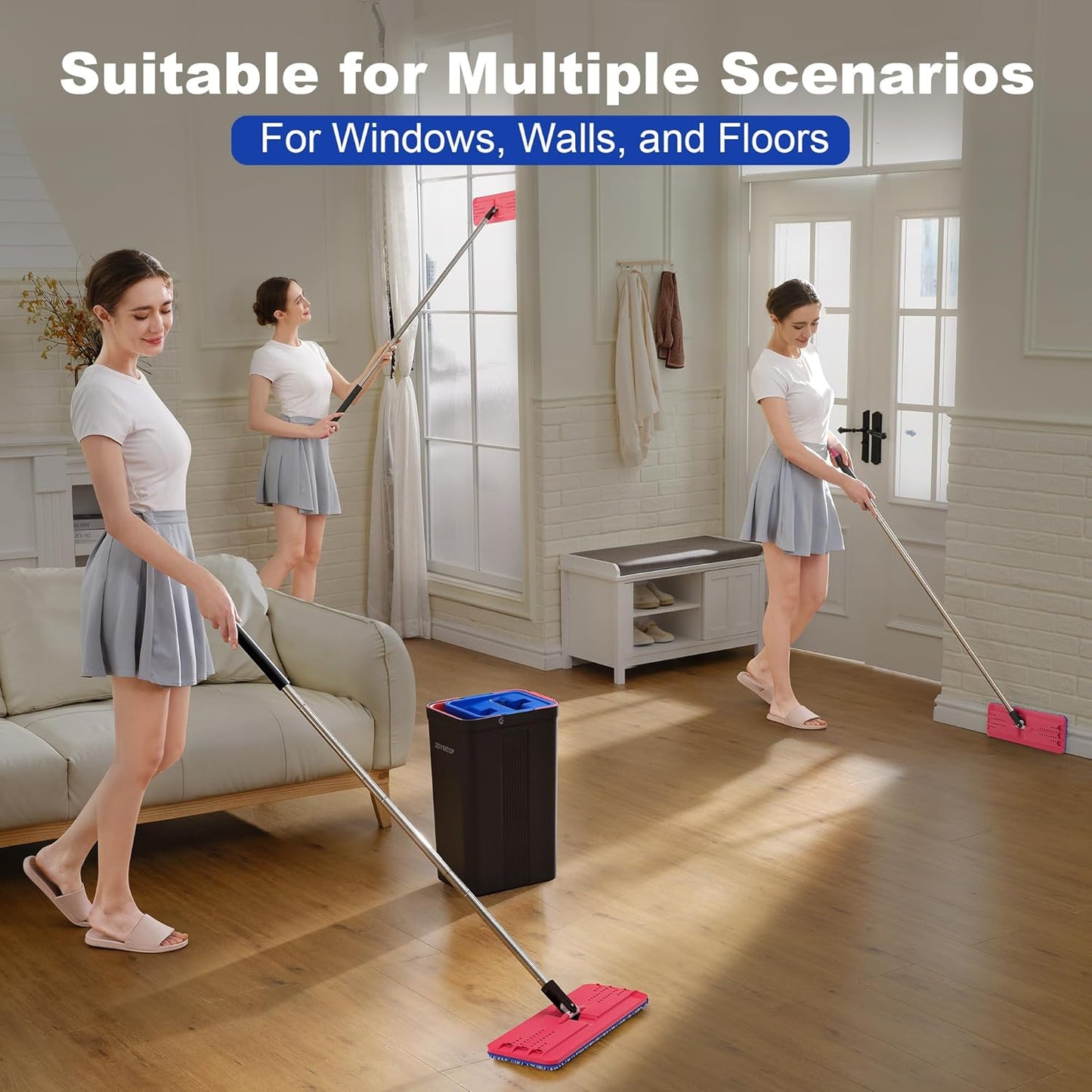 JOYMOOP Microfiber Flat Mop and Bucket System, Mops for Floor Cleaning and Wall Cleaner, Hardwood, Tile, Laminate, Vinyl Floors, Smooth Walls, and Glass Windows - 50" Flat Mop+1 Microfiber Pad[White]