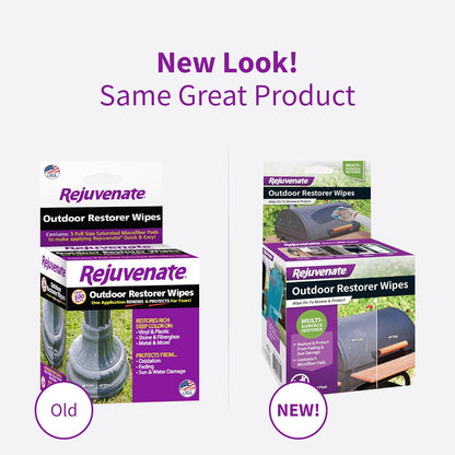 Rejuvenate Outdoor Restorer Wipes, 5 Count, Individually-Wrapped Pre- Saturated Microfiber Wipes Restore Faded and Weathered Surfaces Such As Patio Furniture, Shutters, Siding, Mailboxes And More