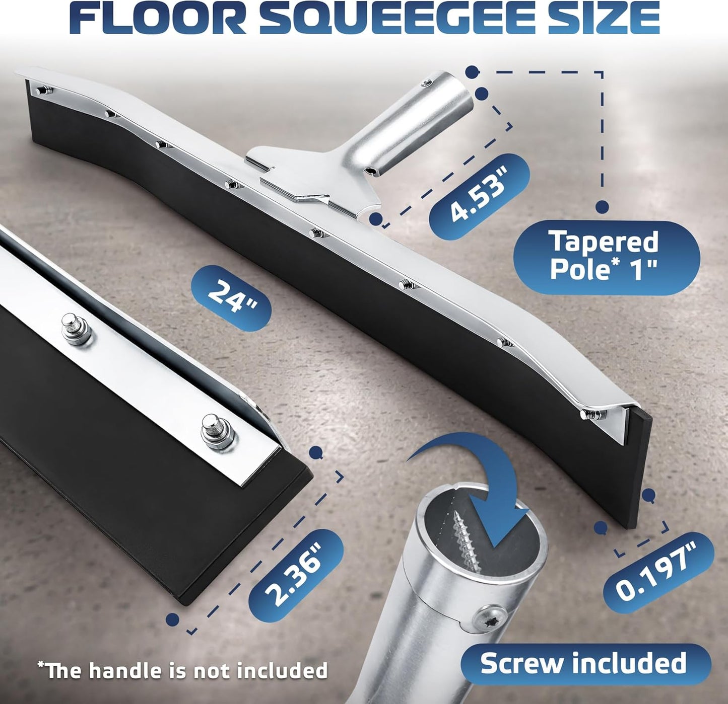 DSV Standard Curved Floor Squeegee 24’’, Rubber Blade Garage Squeegee, Taper Pole Connection - Handle Sold Separately for Tiles, Concrete and Asphalt